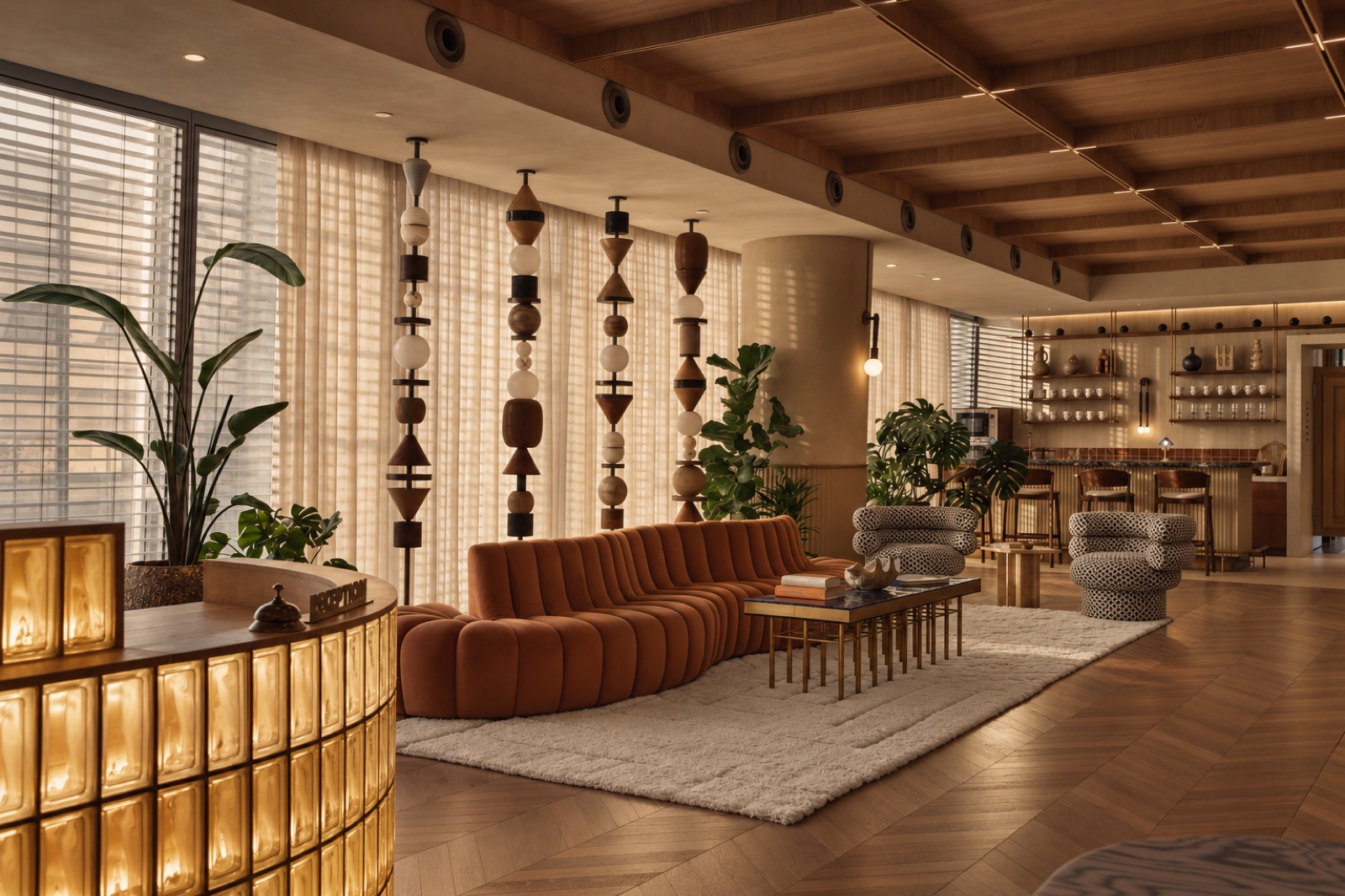 Hotel lobby with velvet sofa and sculptural columns